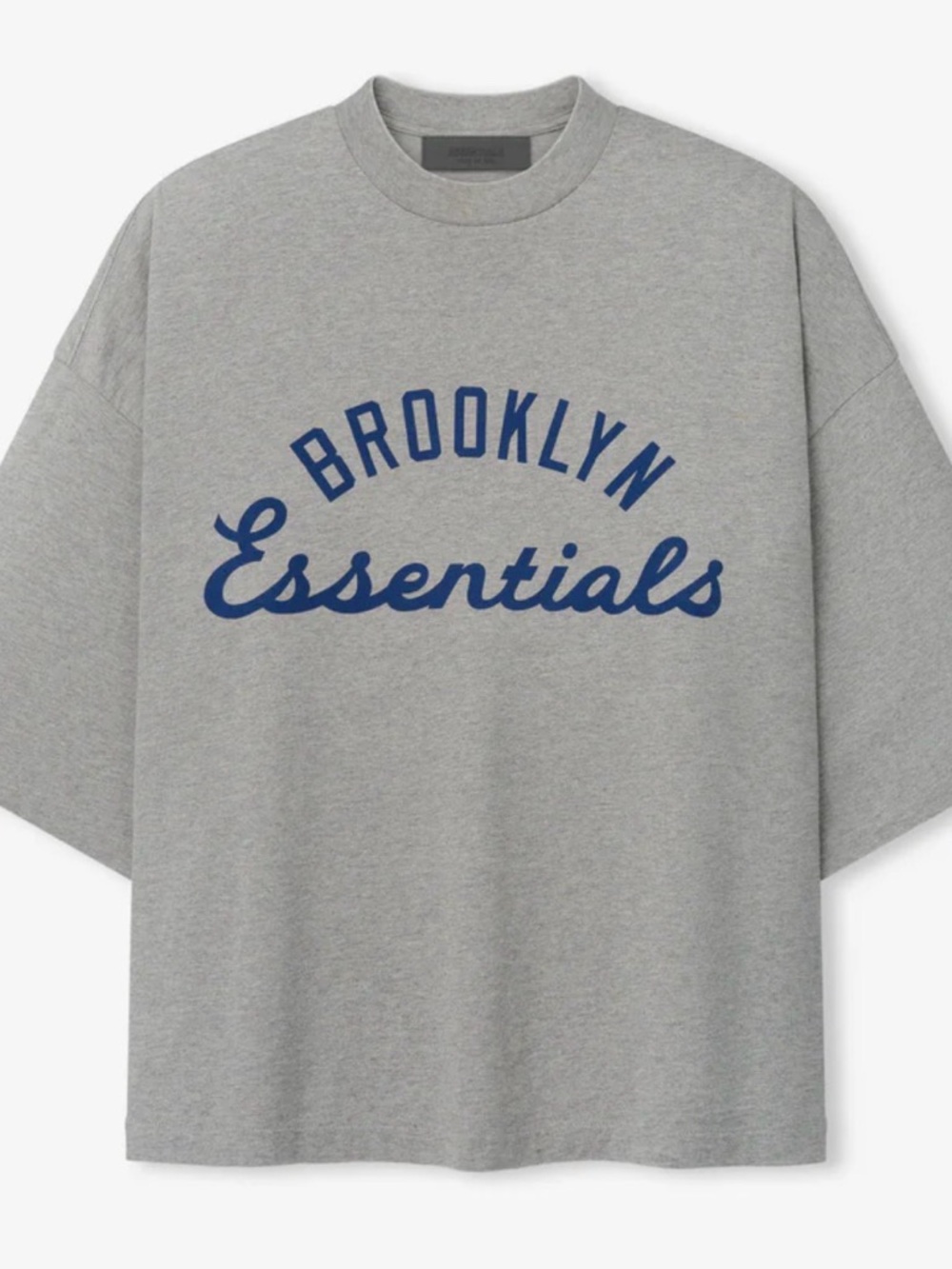 Fear of God Essentials Gray Tee with Navy 'Brooklyn Essentials' Print